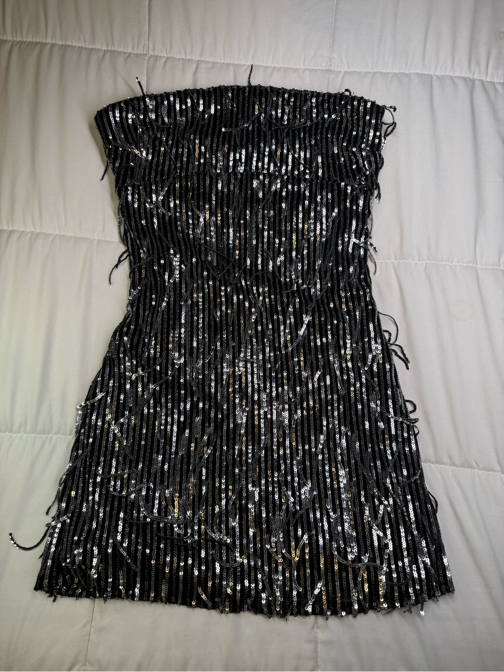 silence + noise Black Strapless Sequin Fringe Mini Dress